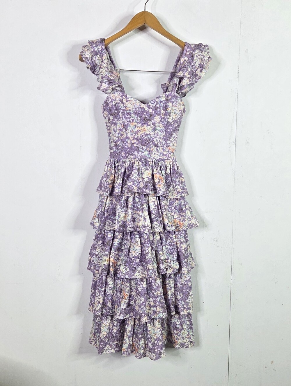 Dress The POPULATION Sz XS Kristen Lavender Floral Ruffle Midi Tiered Dress